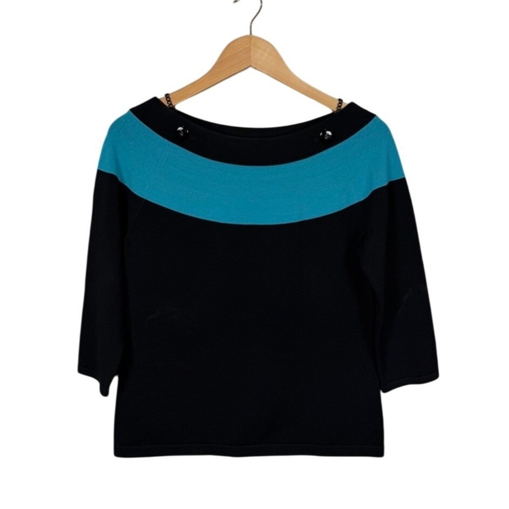 CARLISLE Black Teal Boat Neck 3/4 Sleeve‎ Sweater Top Women's M Chain Detail